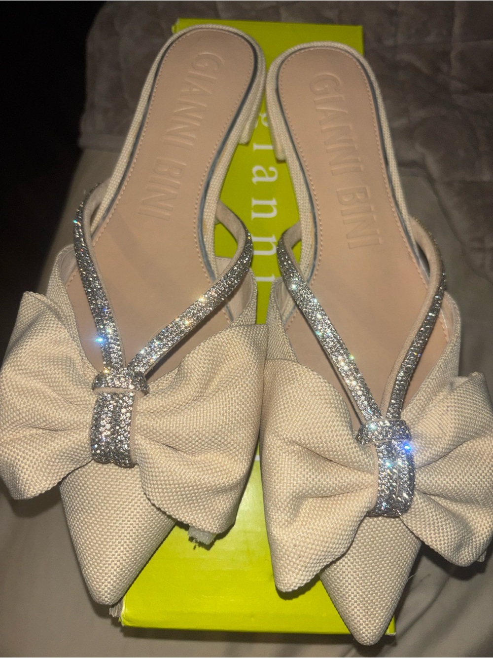 Gianni Bini Cream Pointed Toe Mules with Silver Glitter Straps and Bow